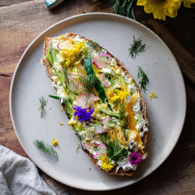 Vibrant Fresh Meadow-Inspired Garden Vegetable Tartines with toasted bread, fresh herbs, and a dollop of goat cheese.