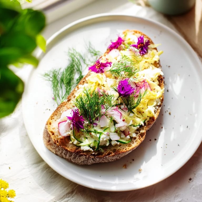 Enjoy a picturesque Fresh Meadow-Inspired Garden Vegetable Tartine, bursting with fresh veggies and herbed cheese on rustic bread.