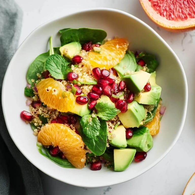 A colorful photo of the Fresh Citrus & Avocado Quinoa Bowl, ready to serve with fresh herbs.