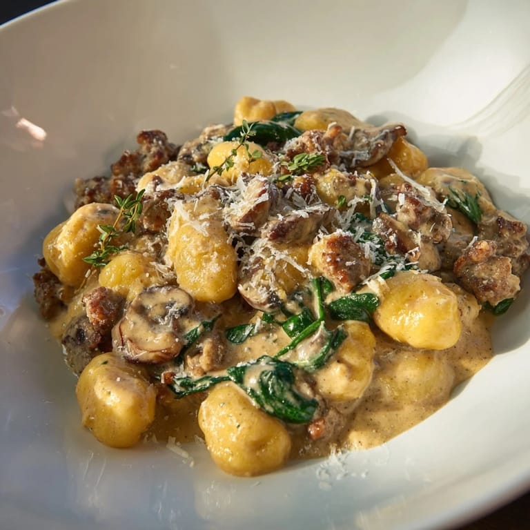 A close-up of a skillet of Woodsy Sausage and Mushroom Gnocchi, savory and rich from the sauce.
