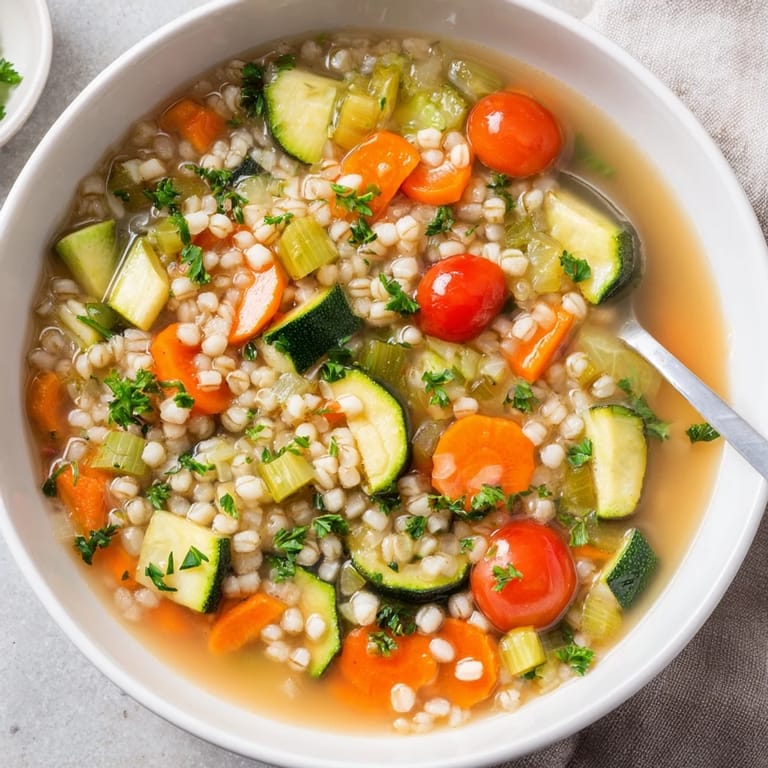 A rustic shot of Simple Homemade Grain and Vegetable Soup, perfect for a cozy vegetarian dinner.