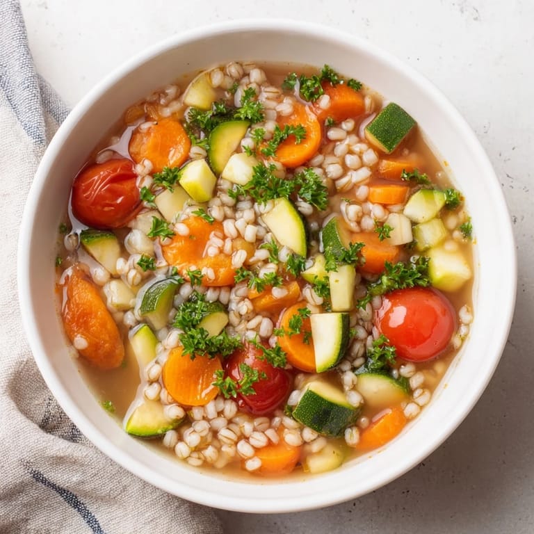 Bright, colorful close-up of Simple Homemade Grain and Vegetable Soup garnished with fresh parsley.