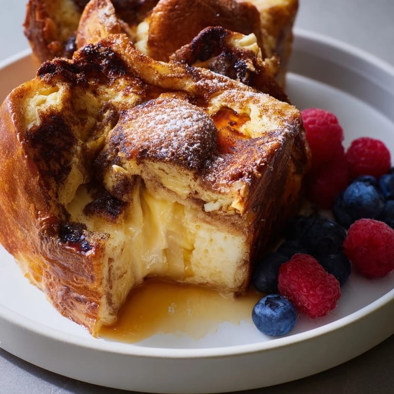 Fluffy, custardy Soft Spice Baked French Toast Casserole with a dusting of powdered sugar and fresh berries.