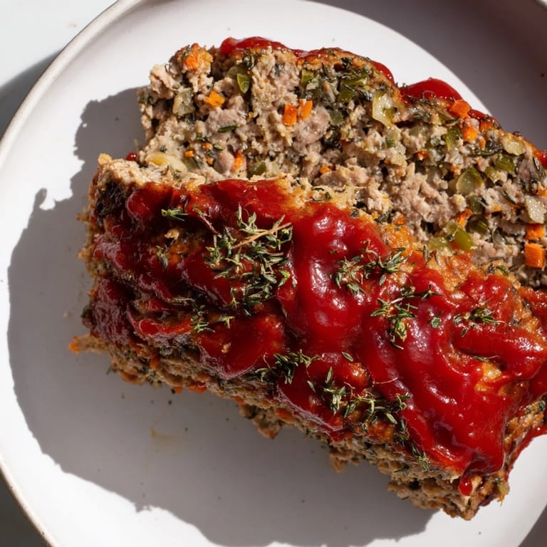 Savory and aromatic, this baked Everyday Herb-Sprigged Turkey Meatloaf looks delicious with fresh herbs.