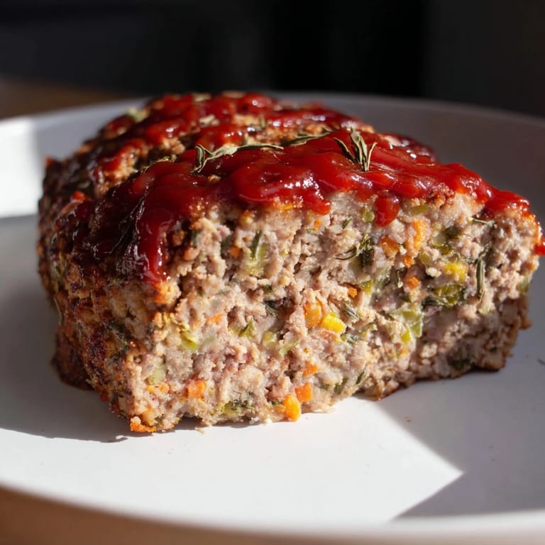 A perfectly-formed Everyday Herb-Sprigged Turkey Meatloaf, served with sides for a hearty, healthy meal.