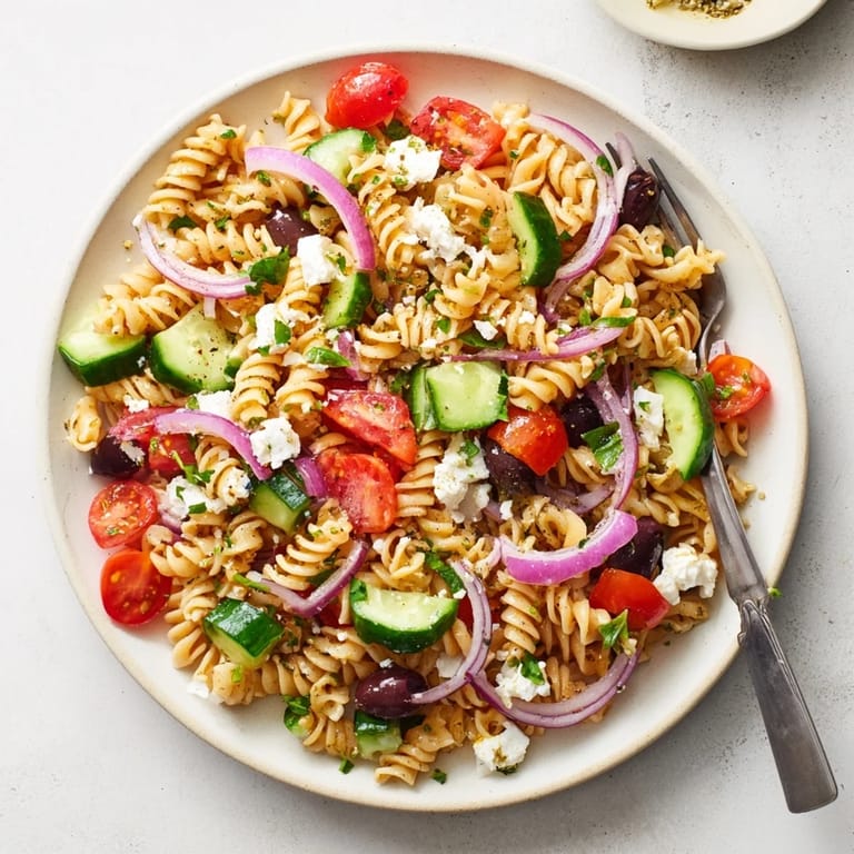 A close-up shot of the Mediterranean Olive Oil and Feta Pasta Salad, ready to be enjoyed.