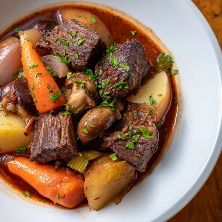 A close up shows the rich, dark Earthy Beef Stew with chunks of vegetables, bread ready to be dipped.