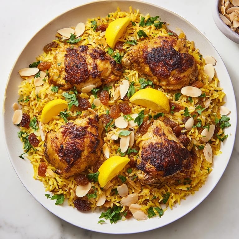 Saffron Chicken and Rice Pilaf in a Dutch oven, garnished with toasted almonds and fresh herbs, ready to serve.