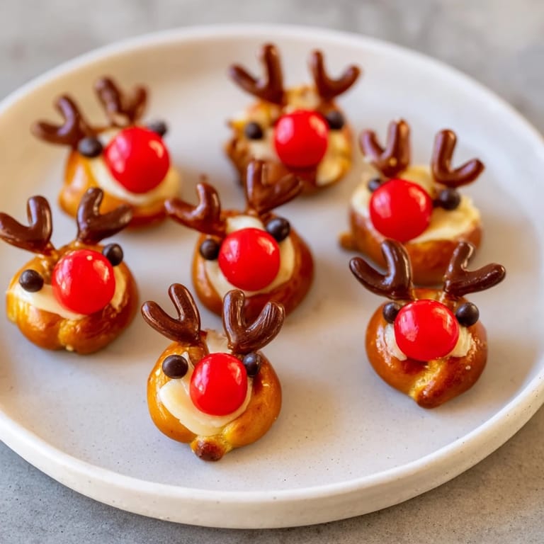 Festive Rudolfs Red Nose Pretzel Bites, featuring cheese filling and pretzel antlers, are perfect for holiday snacks.