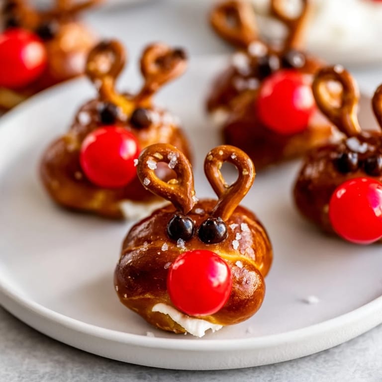 Golden brown Rudolfs Red Nose Pretzel Bites, ready to enjoy, sit arranged on a baking sheet.