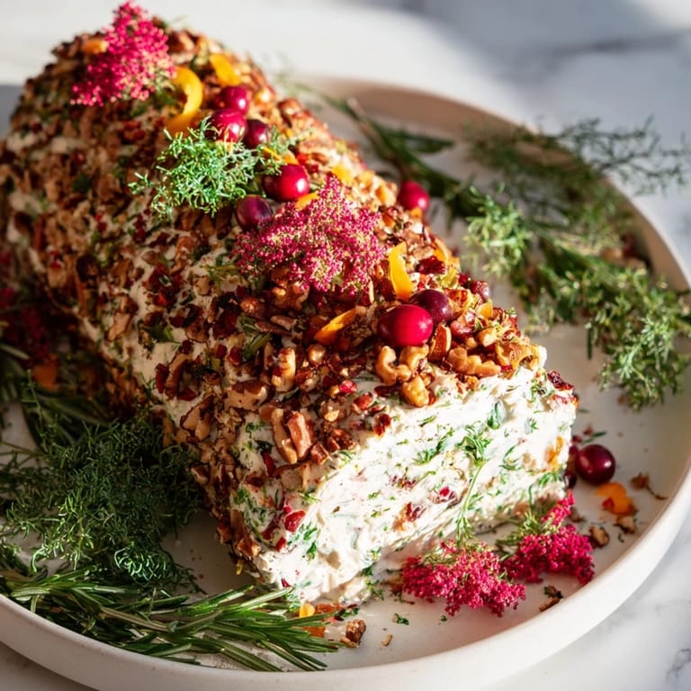 Savory and stunning Yuletide Log Cheese Centerpiece: imagine creamy cheeses and herbs forming a holiday appetizer.