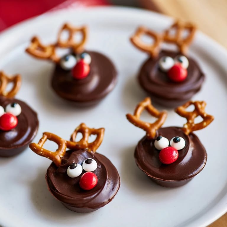 Get ready for delicious chocolate reindeer pudding cups, arranged with holiday treats for a fun snack.