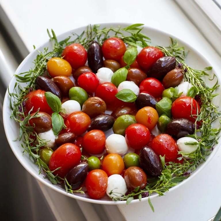 Mediterranean appetizer wreath: a gorgeous ring of olives, tomatoes, and herbs ready to eat.