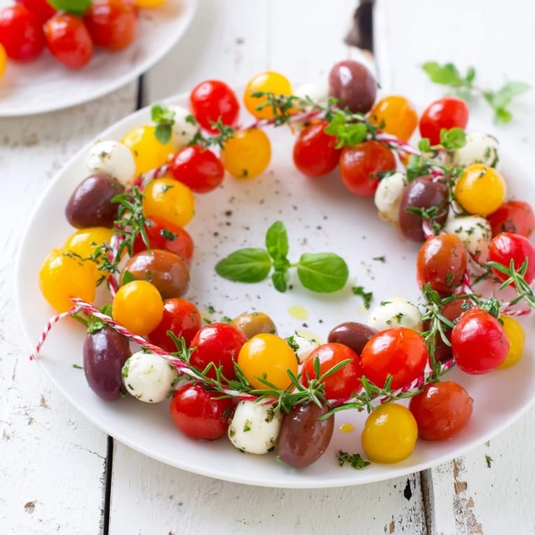 Beautiful appetizer wreath: colorful cherry tomatoes and olives arranged as a festive holiday treat.