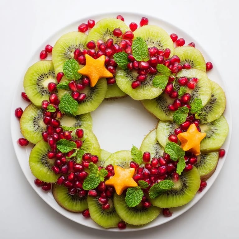 Fresh kiwi slices and ruby-red pomegranate, forming a colorful and delicious Christmas wreath appetizer.