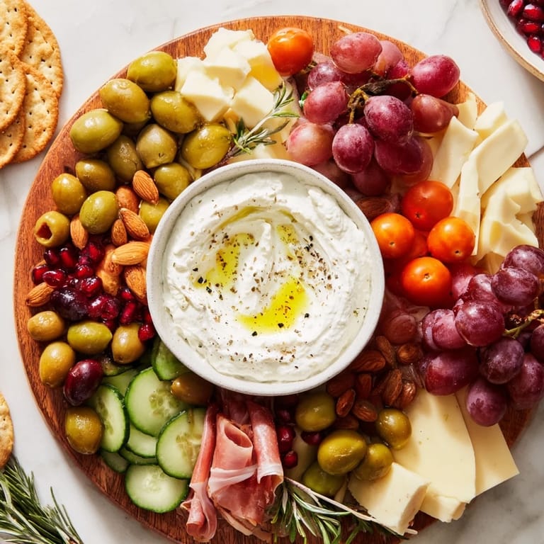 This The Evergreen Wreath Board showcases a vibrant holiday appetizer with fresh rosemary and olives displayed.