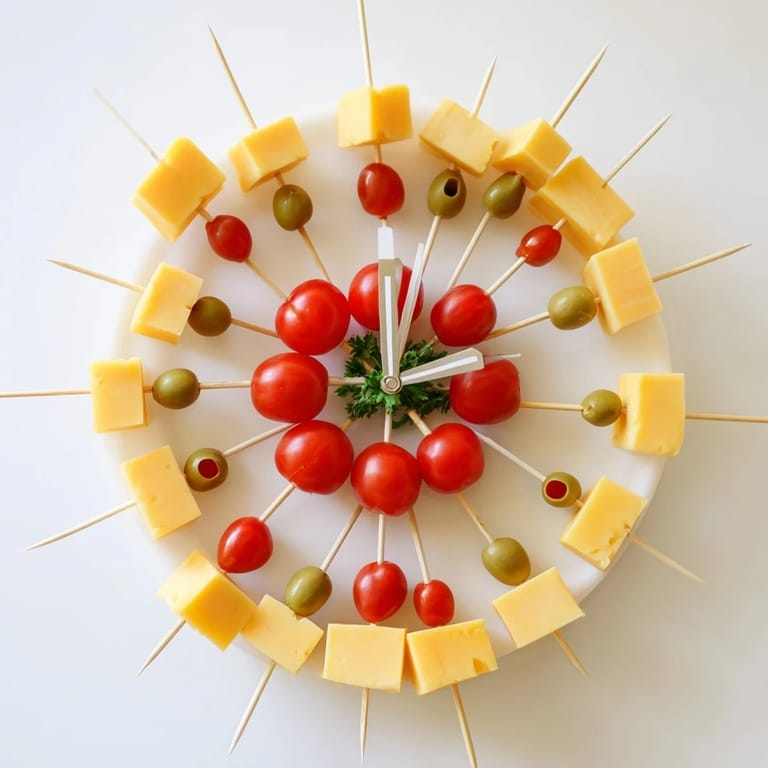 Festive New Year's Clock Countdown featuring round crackers, cheeses, and olives; ready to serve for the holiday.