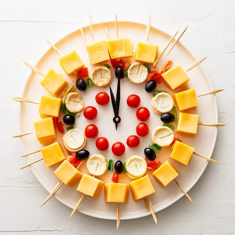 Delicious New Year's Clock Countdown: a party-ready platter with cheese, olives, and crackers, counting down the New Year.