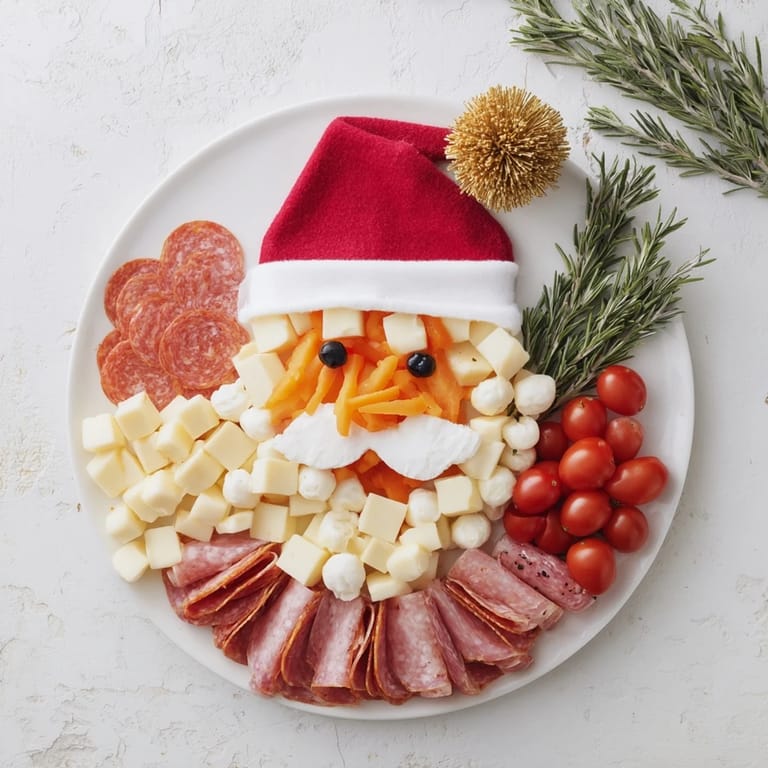 This delicious Santa's Beard and Hat Board appetizer features an impressive charcuterie spread of cheeses and meats.