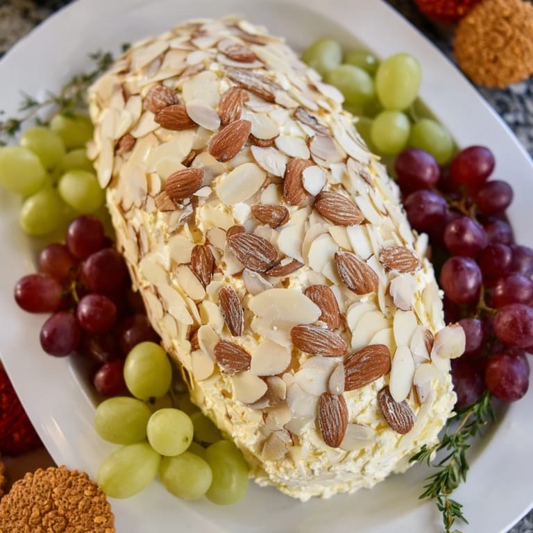 Edible Snowy Pinecone Centerpiece recipe with almonds artfully arranged for a stunning holiday table decoration.