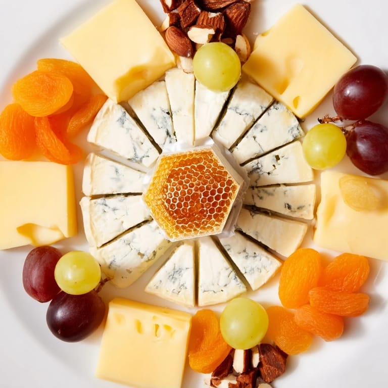 This stunning image shows the delicious and artistic arrangement of a The Gilded Hive cheese board's creation.
