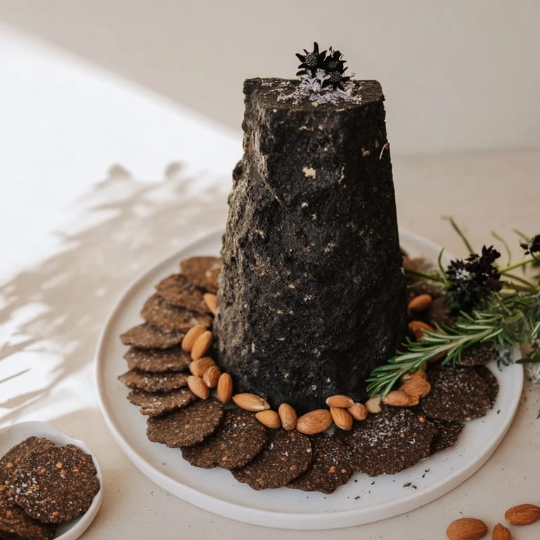 A close-up of The Obsidian Peak, showcasing a tower of black cheddar with charcoal dusted almonds.
