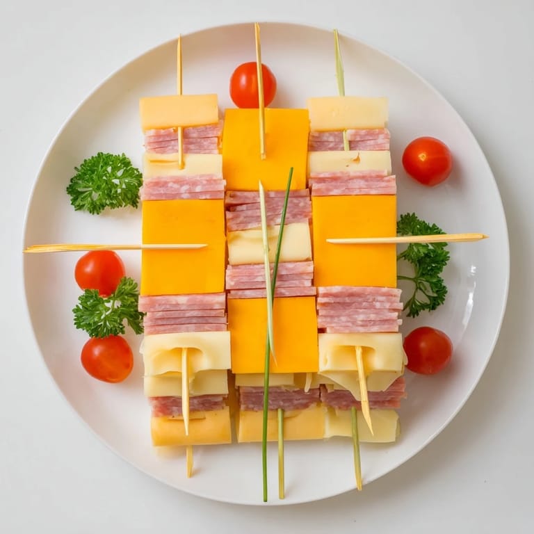 A close-up of The Checkerboard Chalet, showing a playful appetizer with varied cheese and meat cubes.