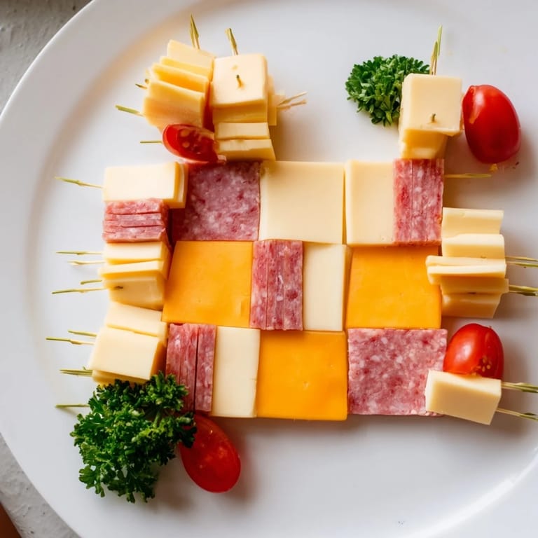 Enjoy The Checkerboard Chalet, a visually stunning appetizer ready to impress with its flavorful components.