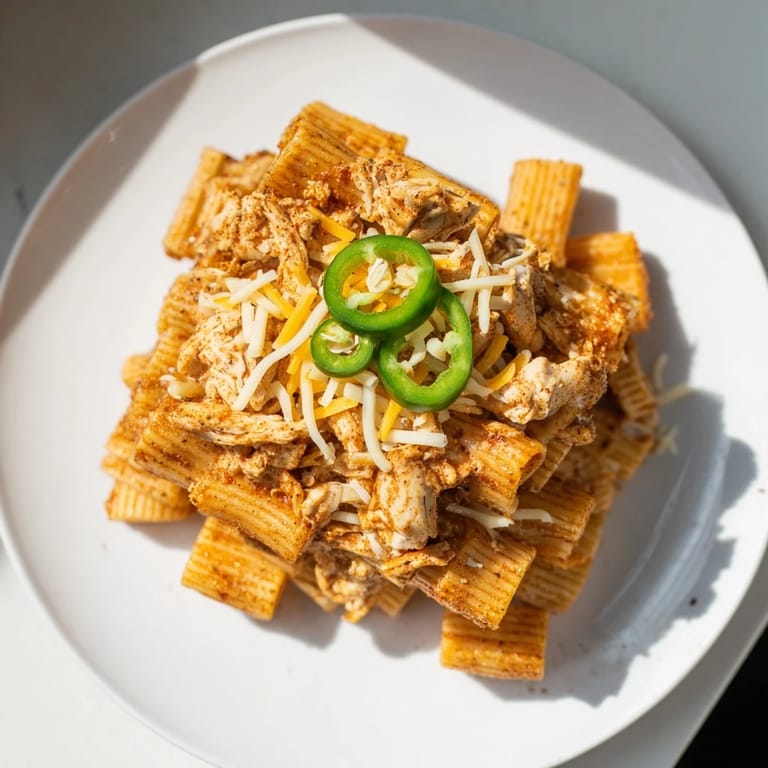 A close-up of golden Pasta Chip Nachos, layered with taco chicken and inviting toppings for sharing.
