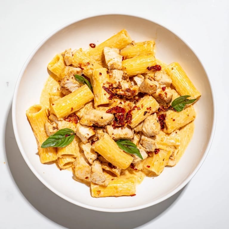 Close-up of Spicy Vodka Chicken Pasta; tender chicken, red sauce, and perfectly cooked rigatoni pasta.