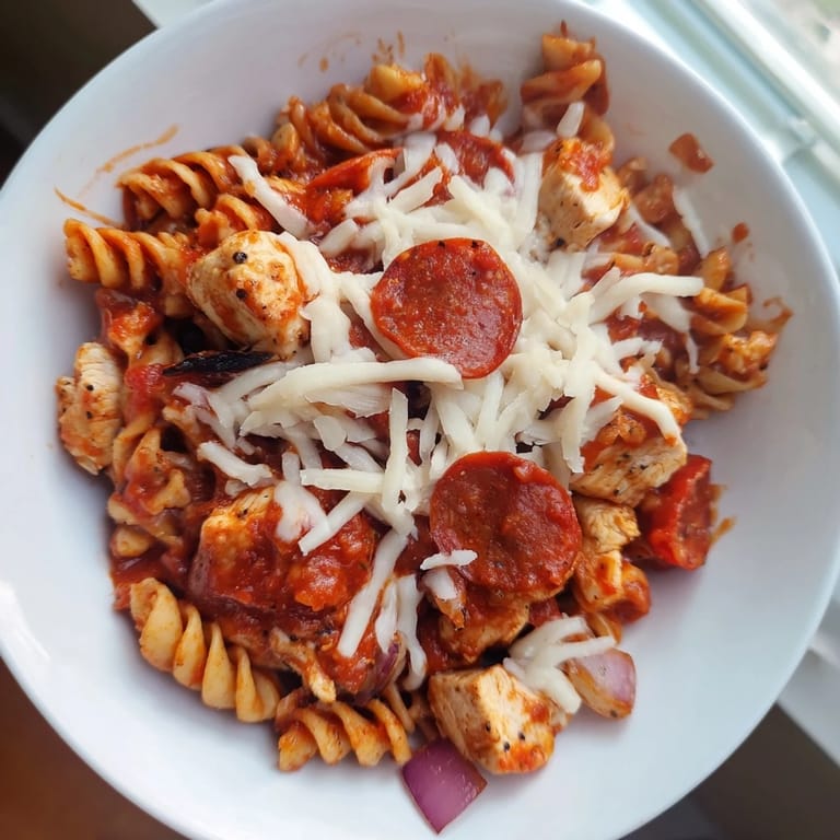 This warm photo reveals a bubbling skillet of One-Pan Pizza Pasta, ready to serve with pepperoni.