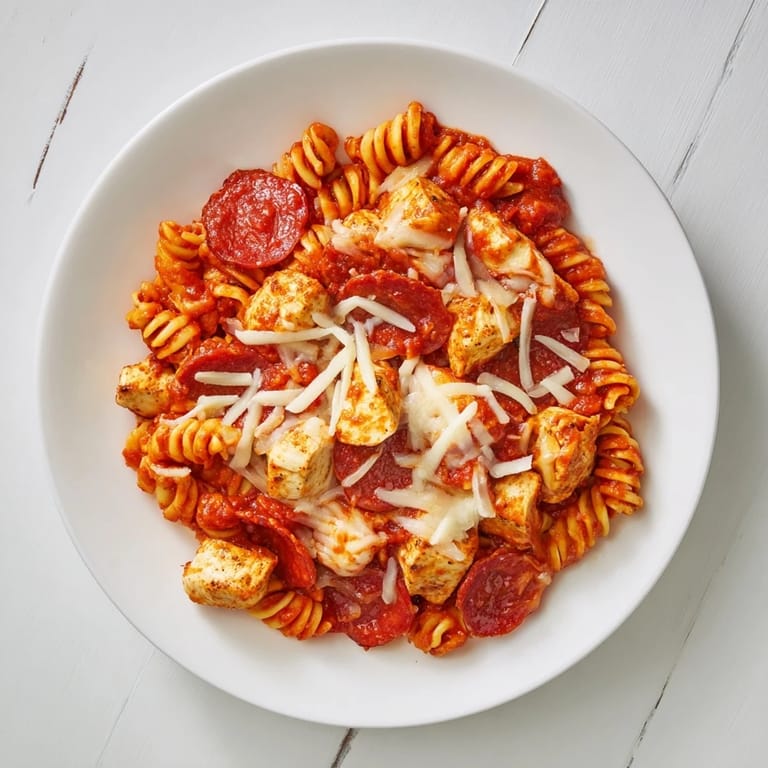 Imagine a close-up of the delicious One-Pan Pizza Pasta, cheesy and full of flavor.