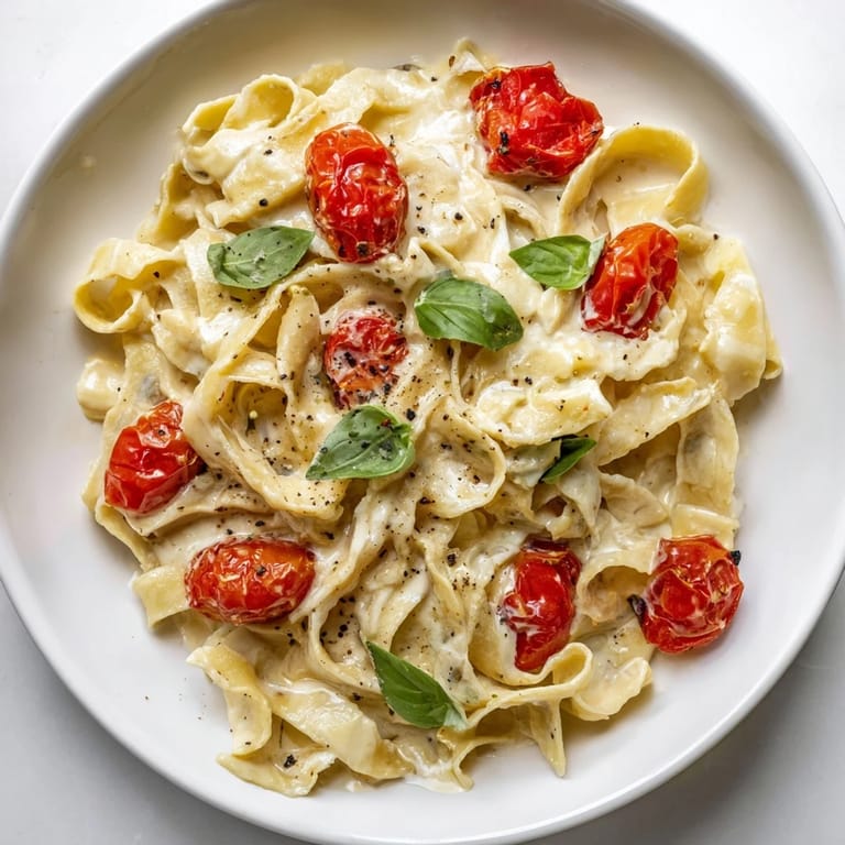 This photo shows the decadent Baked Brie Pasta Sauce, finished with fresh basil and a sprinkle of pepper.