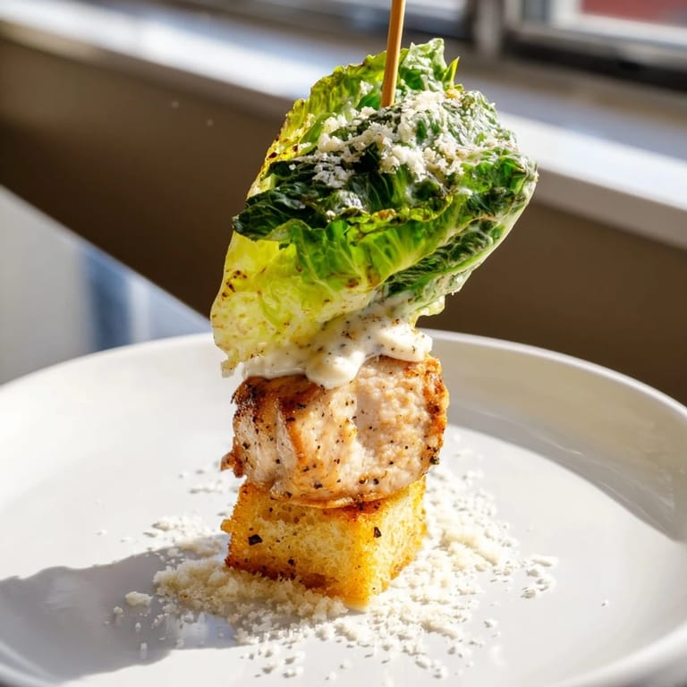 Freshly grilled Chicken Caesar Salad Skewers: tender chicken and crisp romaine, ready to be enjoyed.
