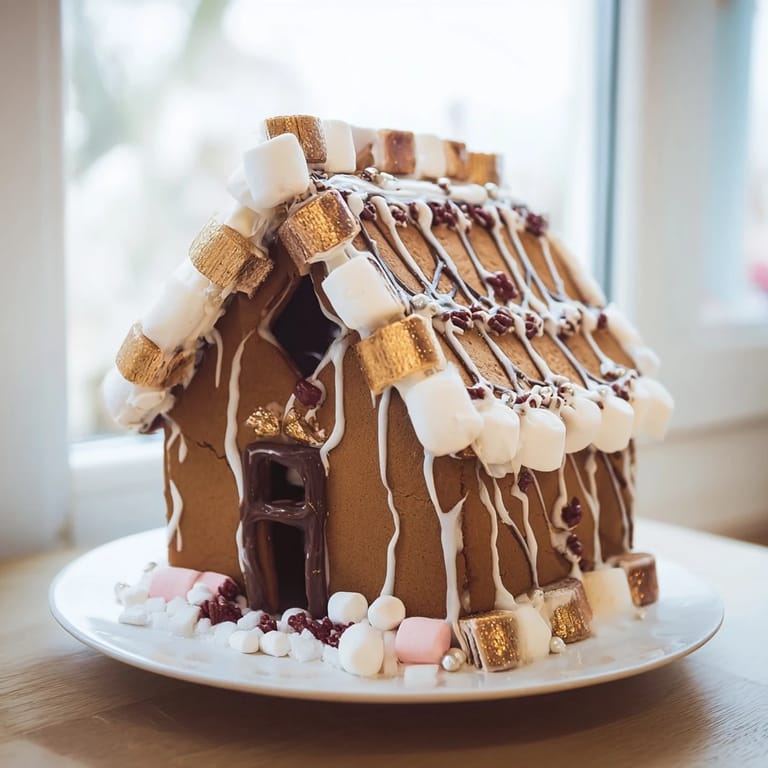Homemade gingerbread house frame: A tempting dessert display with brown sugar color and holiday embellishments.