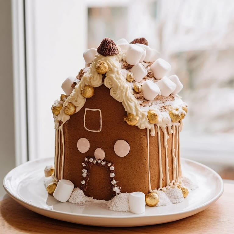 Detailed view of a freshly assembled gingerbread house frame with white icing and delicious candies.