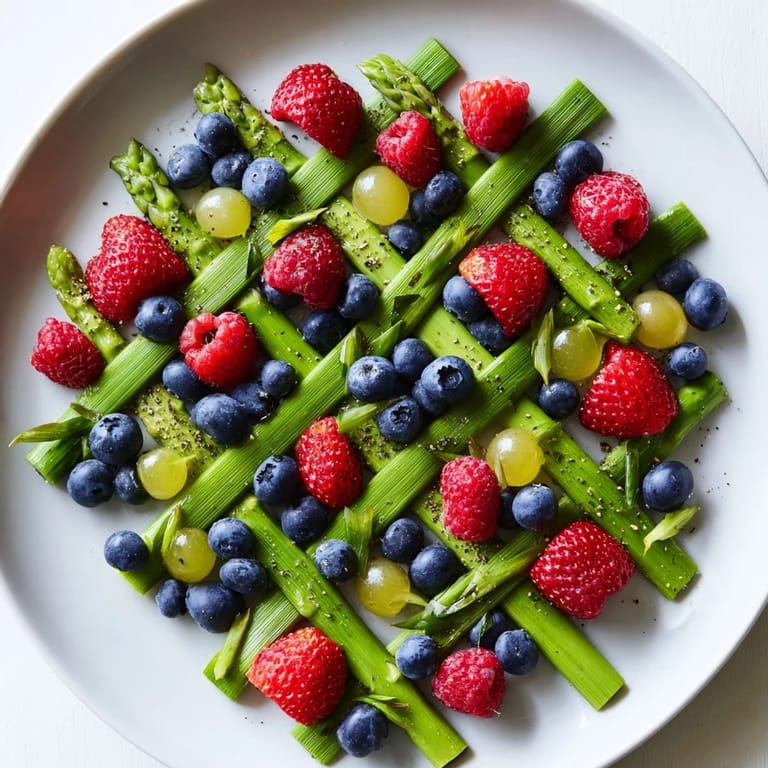 Vibrant Botanical Lattice appetizer, studded with colorful berries and tender, green asparagus.