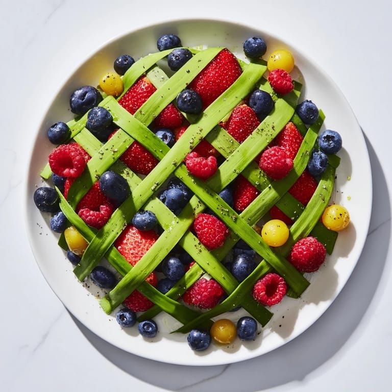 Enjoy a stunning, edible Botanical Lattice: A refreshing appetizer with crisp veggies and sweet fruits.