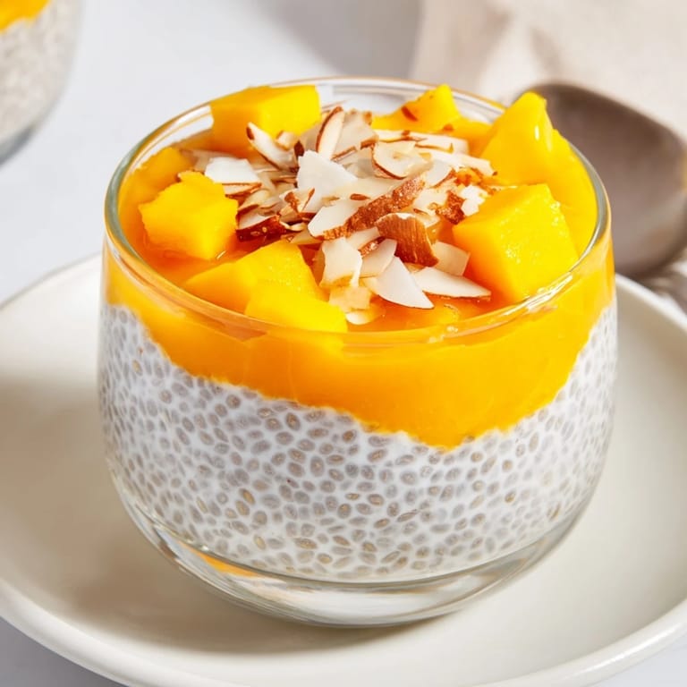 Close-up of a delightful Mango Coconut Chia Pudding showing creamy coconut milk and mango.