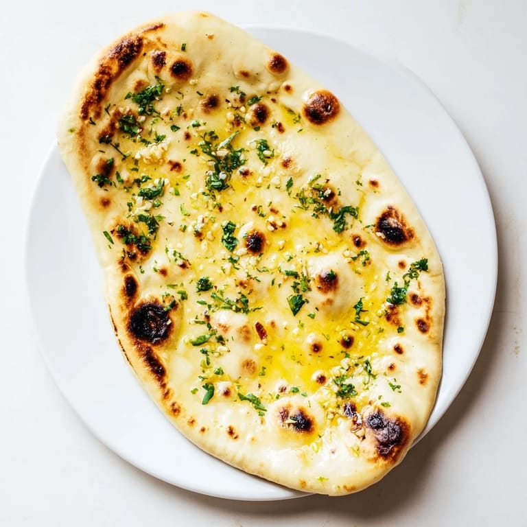 Fluffy Indian garlic naan, fresh from the skillet, ready to be slathered in garlic butter and enjoyed with a savory curry.