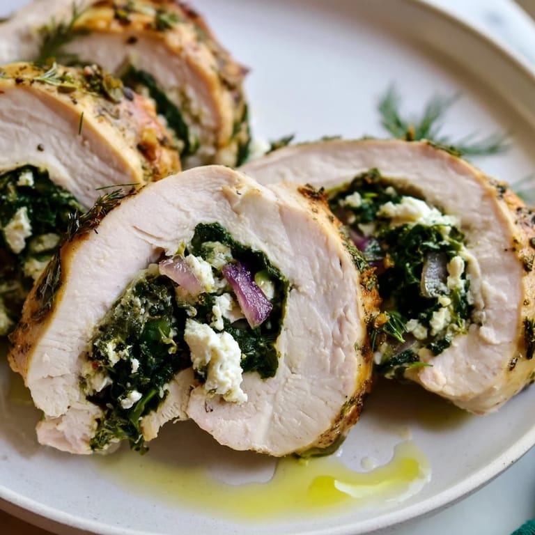 A close-up view of Spinach Feta Stuffed Chicken, showcasing the savory filling's texture.
