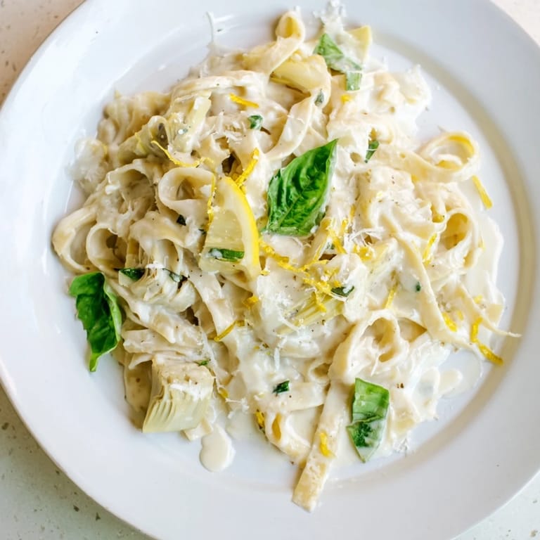 Close-up of golden creamy lemon artichoke pasta, a vegetarian Italian dish ready to serve.