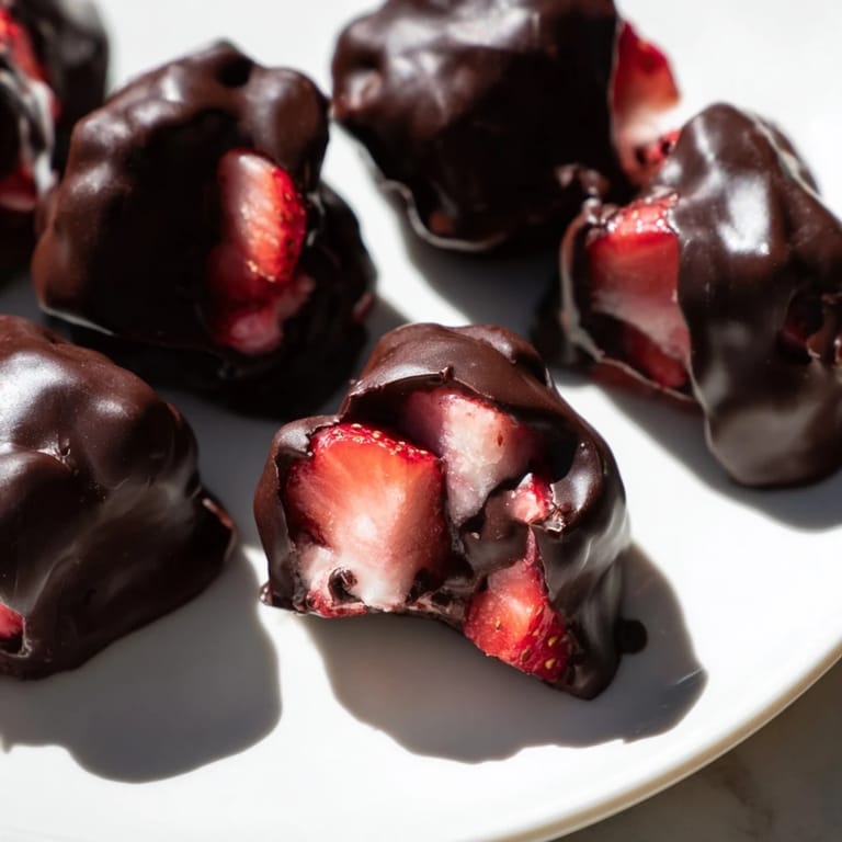 A close-up reveals luscious Strawberry Yogurt Clusters, a delightful frozen treat perfect for dessert.