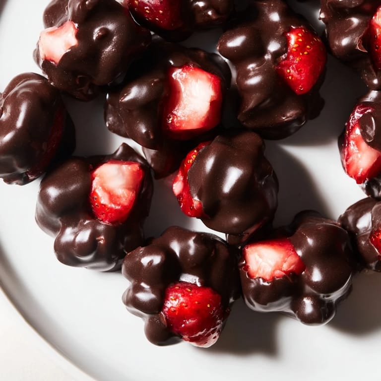 Frozen, chocolate-covered Strawberry Yogurt Clusters offer a perfect balance of sweet and tangy flavors.