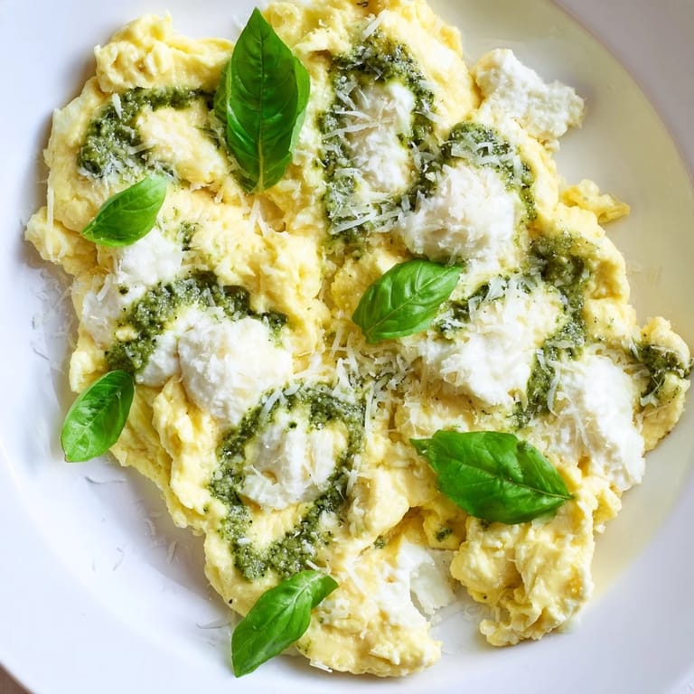 Fluffy Pesto Cottage Cheese Eggs served on toast, with a rich pesto flavor and creamy texture.