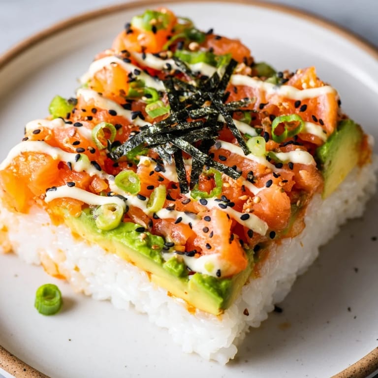 Close-up of a plated crispy rice salmon stack, showcasing the layers of textures and colors beautifully.