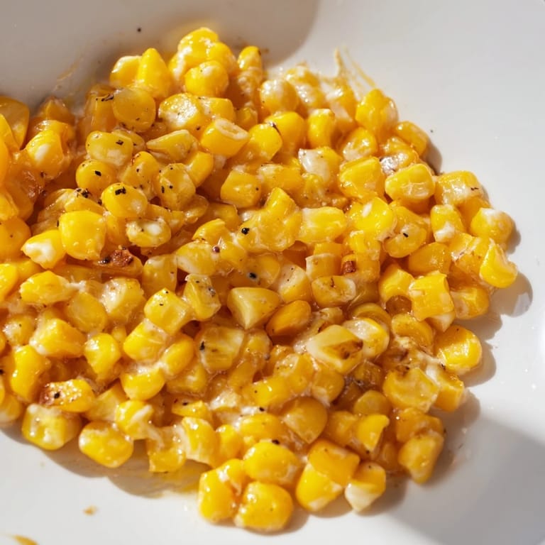 A close-up view of creamy Honey Butter Skillet Corn, ready to serve with a drizzle of honey.
