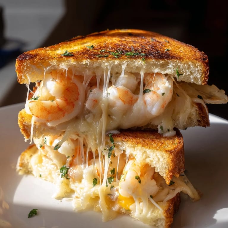This photo shows a Quick Shrimp Grilled Cheese cut open, revealing melty cheese and juicy shrimp filling.