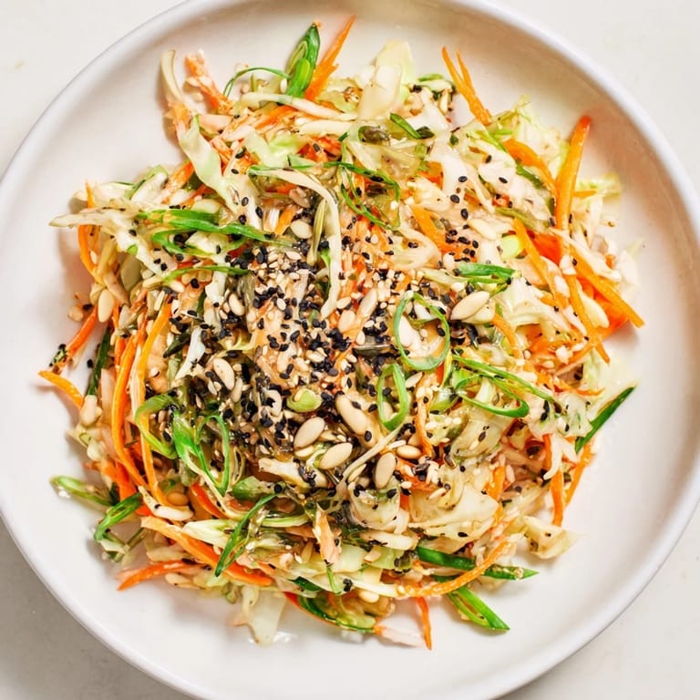 A close-up shot of a vibrant Cabbage-Core Slaw Salad, showcasing toasted seeds and a glossy glaze.