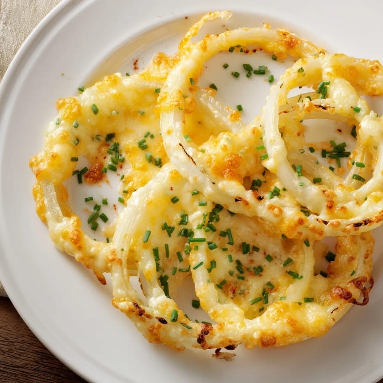 Close-up of golden, cheese-covered crispy onion cheese chips, ready to eat, flavorful and irresistible.